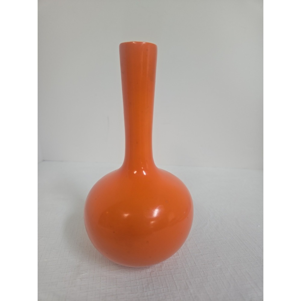 Vintage Atomic Orange Bud Vase 6" Glossy Ceramic MCM Retro Round Base Decor‎